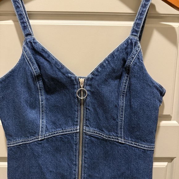 TOPSHOP MOTO Zip Front Denim Dress in Indigo Size 8 Bodycon Mini V-Neck EUC - Picture 2 of 9